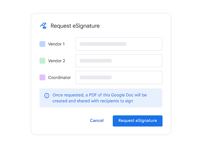 Stylised UI shows fields for requesting an eSignature from multiple parties.
