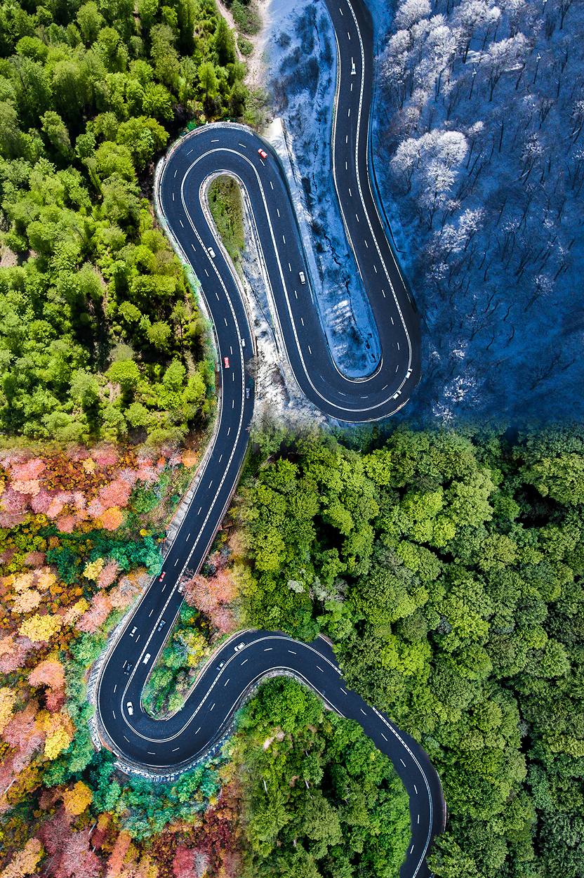 A road winding through a collage of different weather conditions