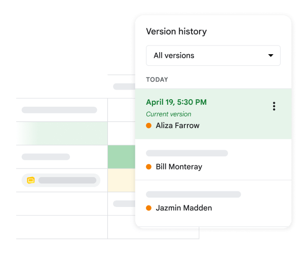 Version history UI in Sheets