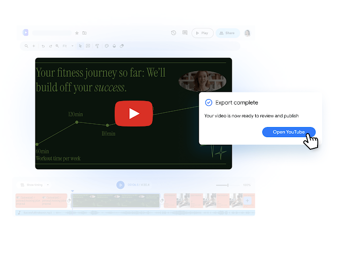 Vids-editor met de melding 'Export afgerond' en een knop om YouTube te openen, over een fitnesspresentatievideo