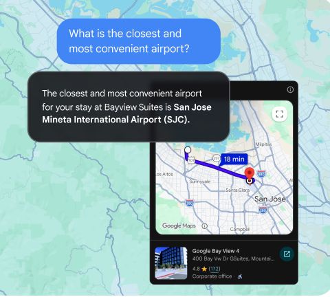 Chatbot recommending San Jose Airport (SJC) with an 18-minute map route for a stay at Bayview Suites.