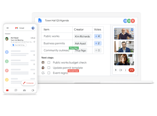 Grafik der Google Workspace-Oberfläche – mit Gmail, Meet und Docs auf Mobilgeräten und Computern zusammenarbeiten