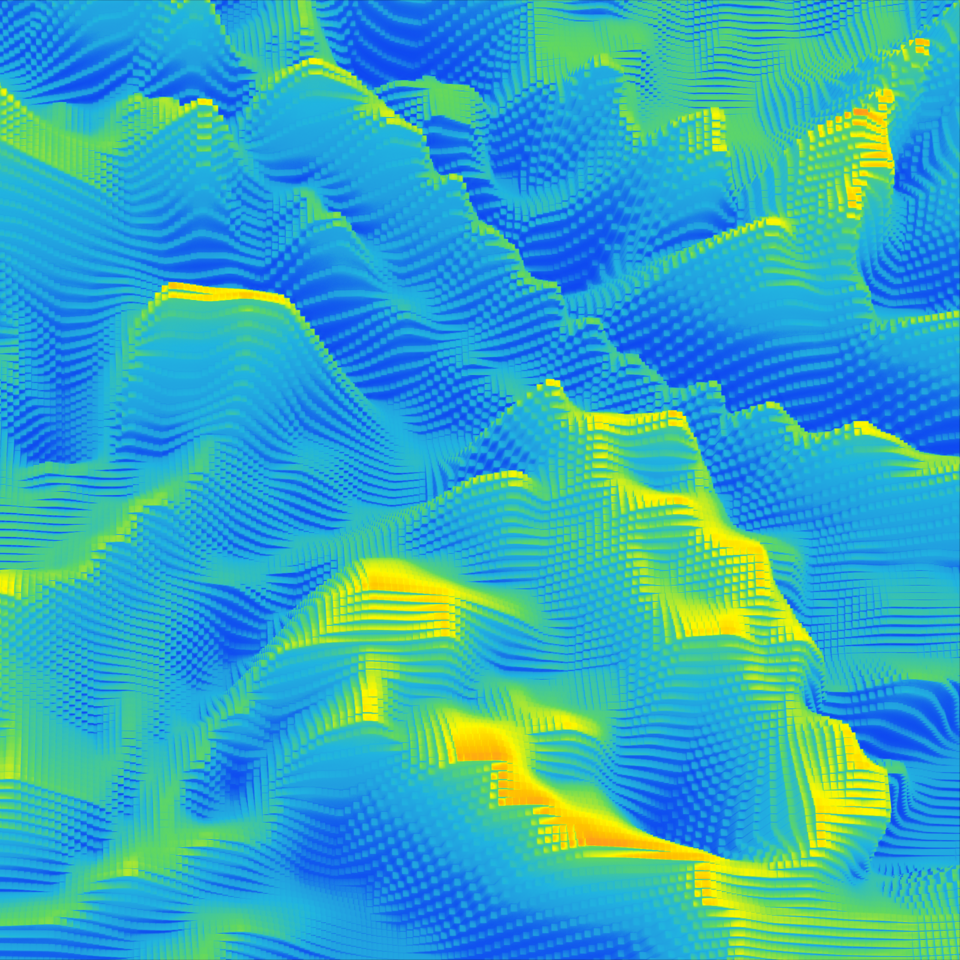 Abstract 3D voxel terrain with textured blue and green hills highlighted in vibrant yellow and orange.