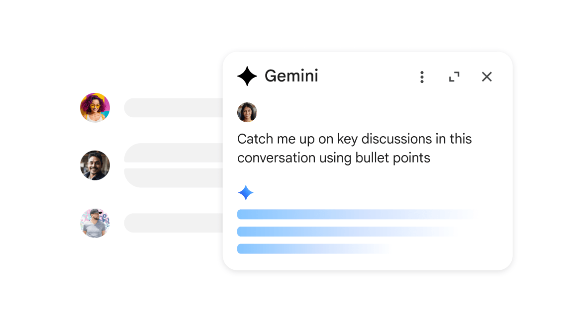 De AI-assistent Gemini in Google Chat geeft een opsomming van de belangrijkste discussiepunten