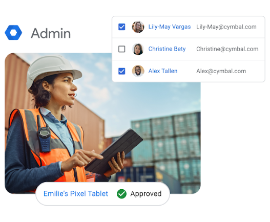 A woman in a shipping yard on a tablet superimposed with admin UI elements suggesting that she is managing employee email access across devices.