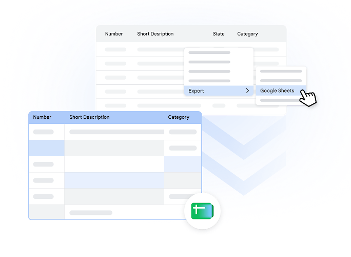 UI-Grafik: Auswahl von „Exportieren > Google Sheets“ aus dem Menü einer Datenbanktabelle, um eine Google-Tabelle zu füllen.