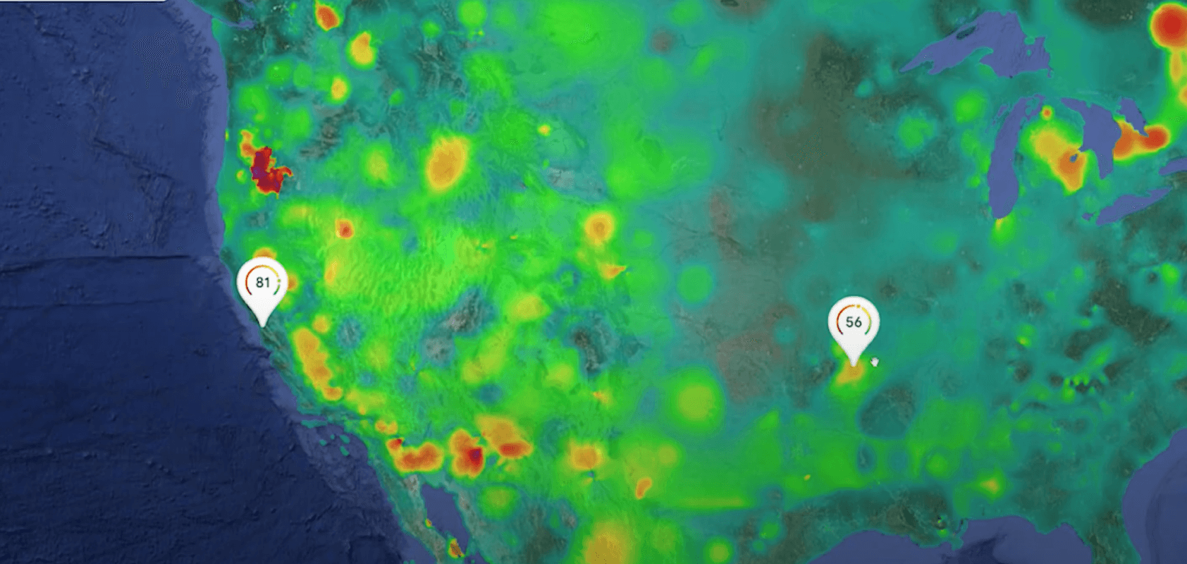 Heat map of the US showing data intensity from green to red, with two pins marked 81 on the west coast and 56 in the east.