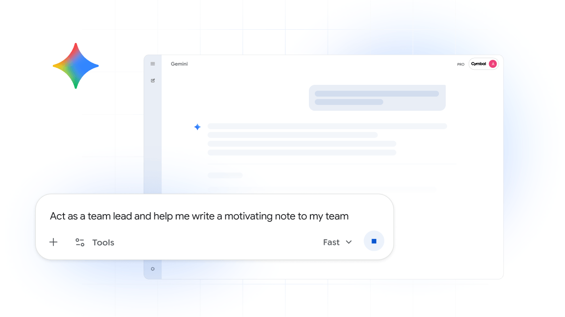 La interfaz de IA de Gemini incluye un cuadro de texto con una instrucción en la que se pide ayuda para escribir una nota de motivación para un equipo.