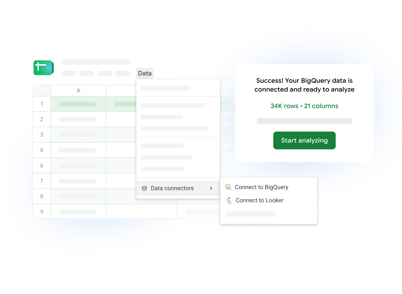 A drop-down menu in Google Sheets with the option to connect directly to data from BigQuery and Looker.