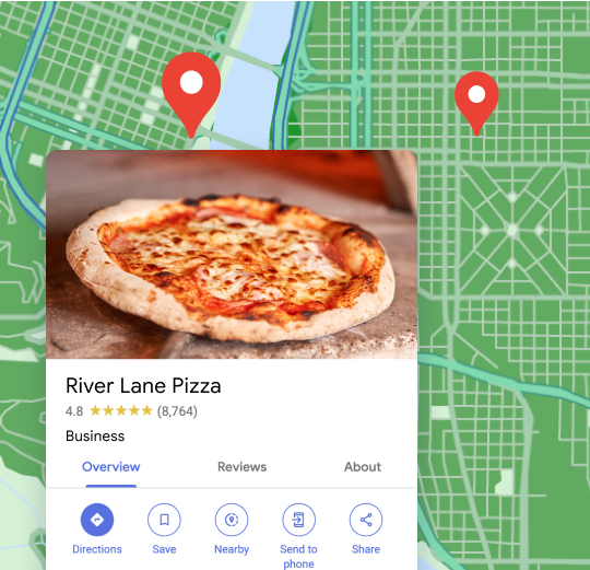2D map with Google Maps business overview overlay