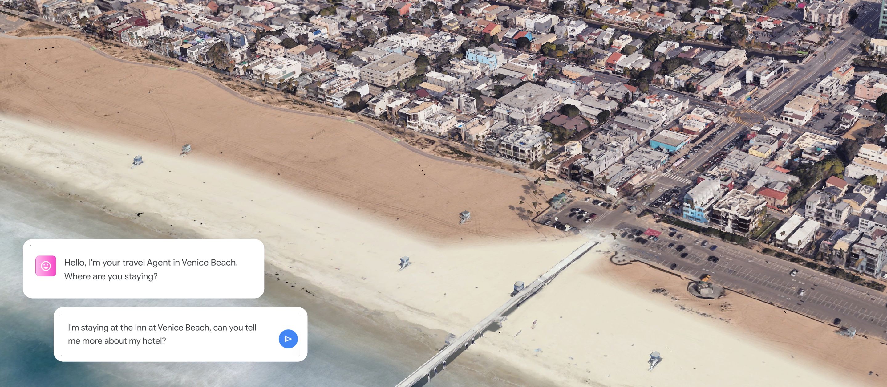Aerial view of Venice Beach with a chat interface overlay discussing hotel accommodations with a travel agent.