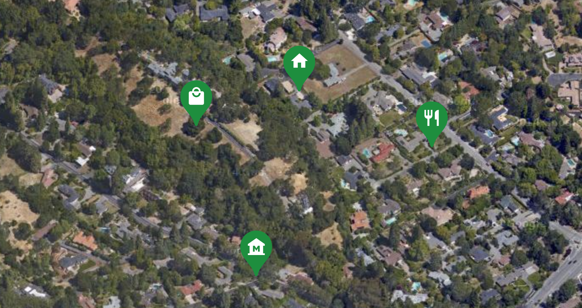 Overhead view of neighborhood with pins showing points of interest