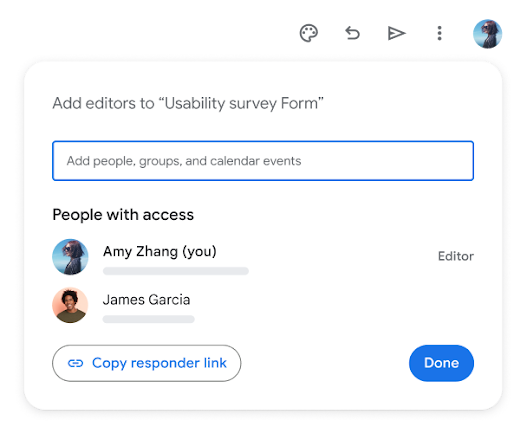 コラボレーションと共有のオプションを示す UI