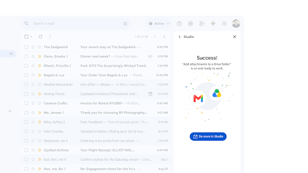 Using Studio in Gmail, a user enables the feature to add attachments to a Drive folder.