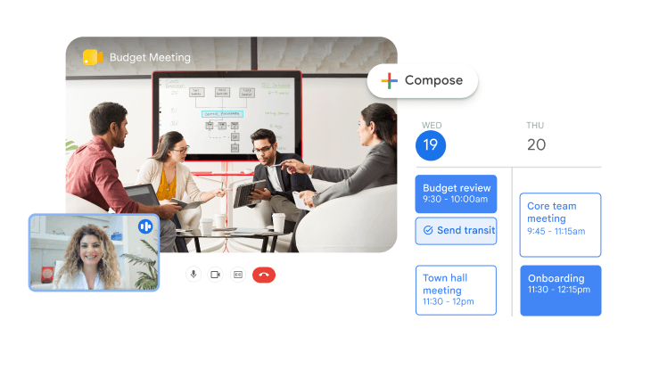 Un equipo usa Google Meet para revisar un diagrama de flujo de un presupuesto. La imagen muestra la reunión en curso junto con una vista de calendario de la agenda de la semana que destaca la integración entre las videollamadas y la administración del tiempo.